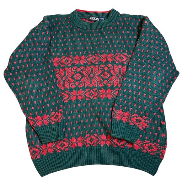 Vtg 90s Honors Crewneck Pullover Sweater Green Red Large Snowflakes Christmas - Picture 1 of 5